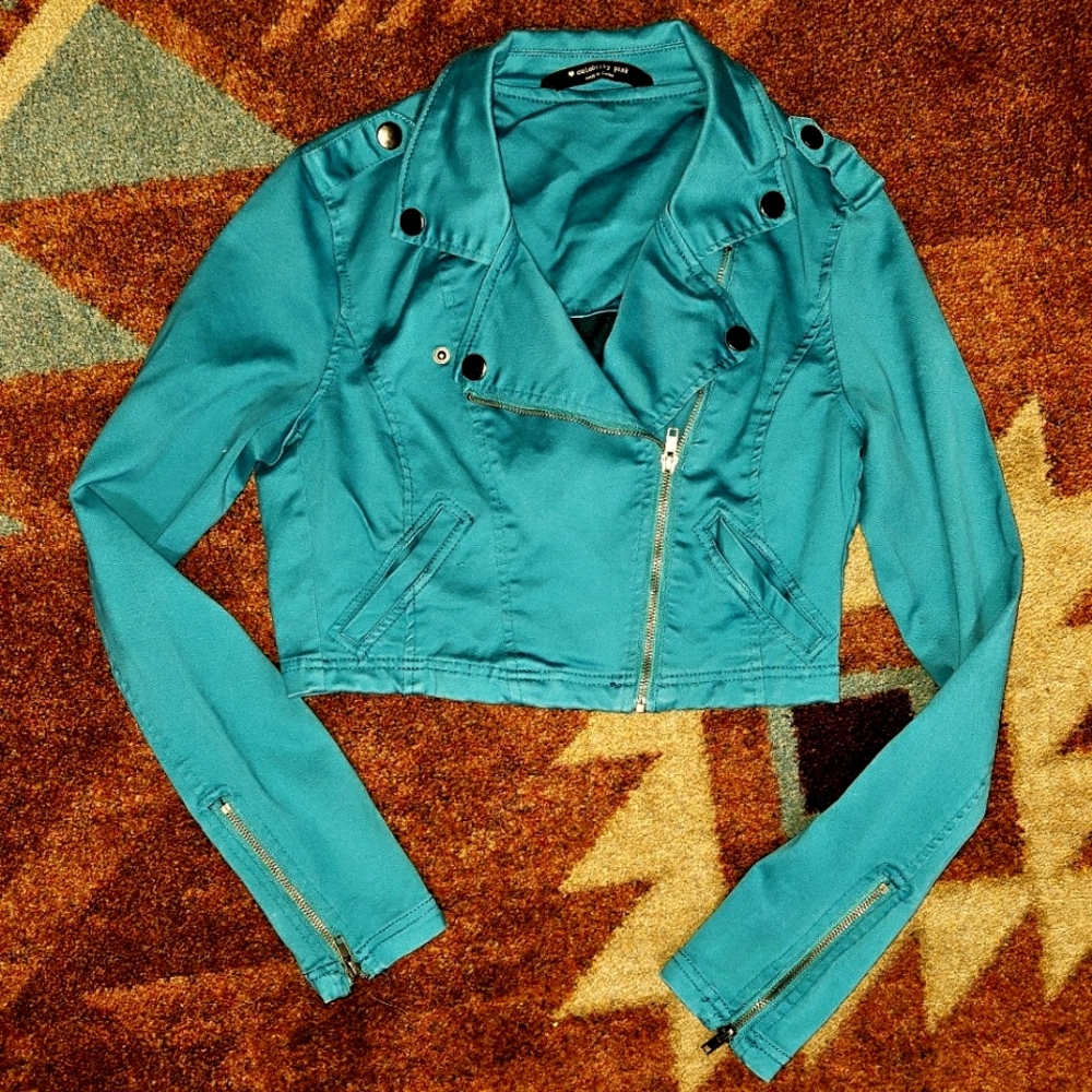 Cropped Turquoise Stretch Fabric Moto Biker Jacket